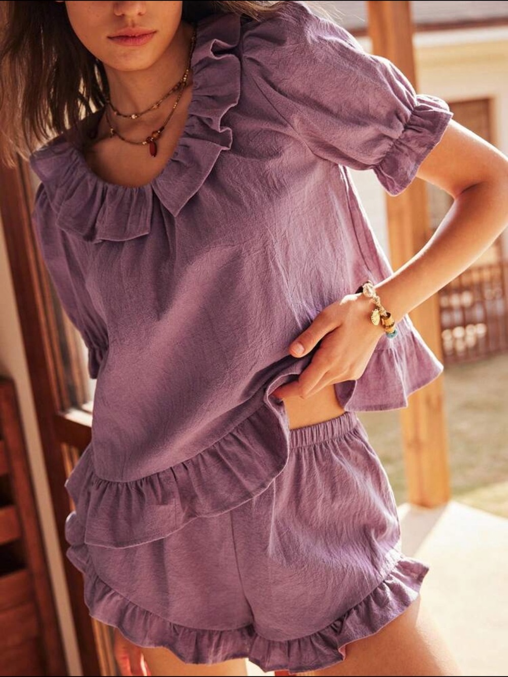 100% Cotton Purple Boho Ruffle Pajama Set – Size XL Lounge Sleepwear NWOT